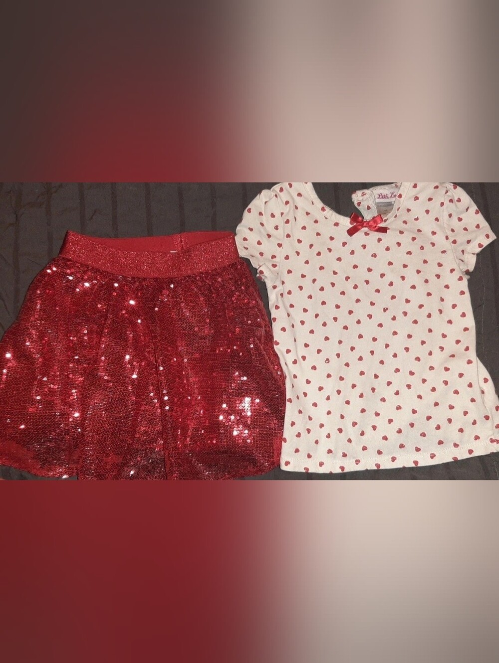 Little Lass Girls Red & White Sparkly Sequins Skirt And Heart Print Outfit 4T